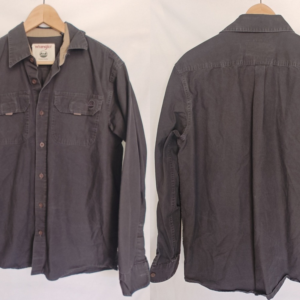 Wrangler Shirt Button Front Heavy‎ Cotton Flannel Shacket Work Gray Medium